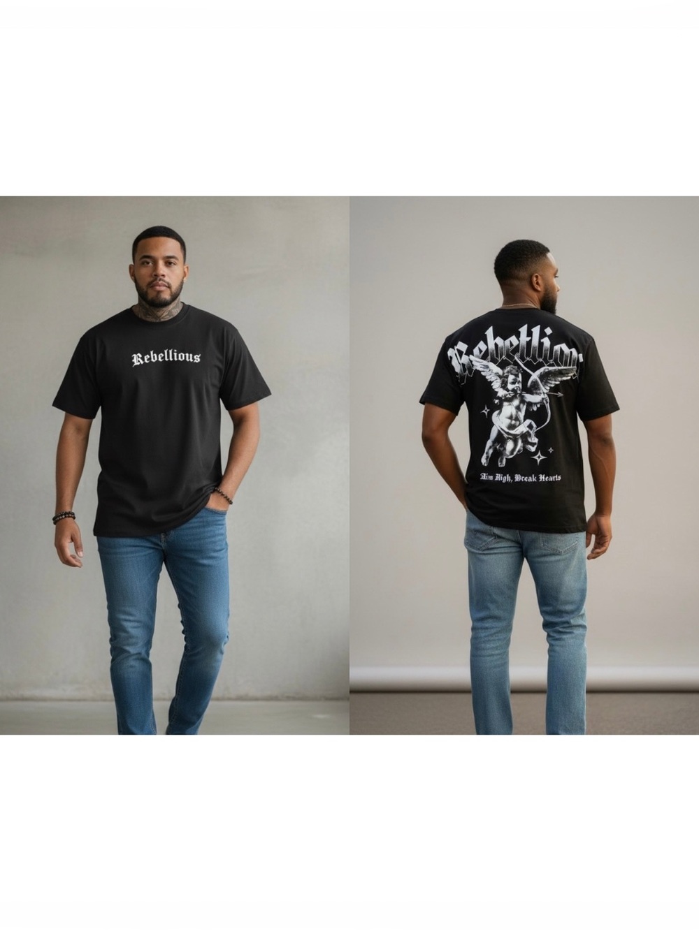 Black Tee with White 'Rebellious' Chest Print